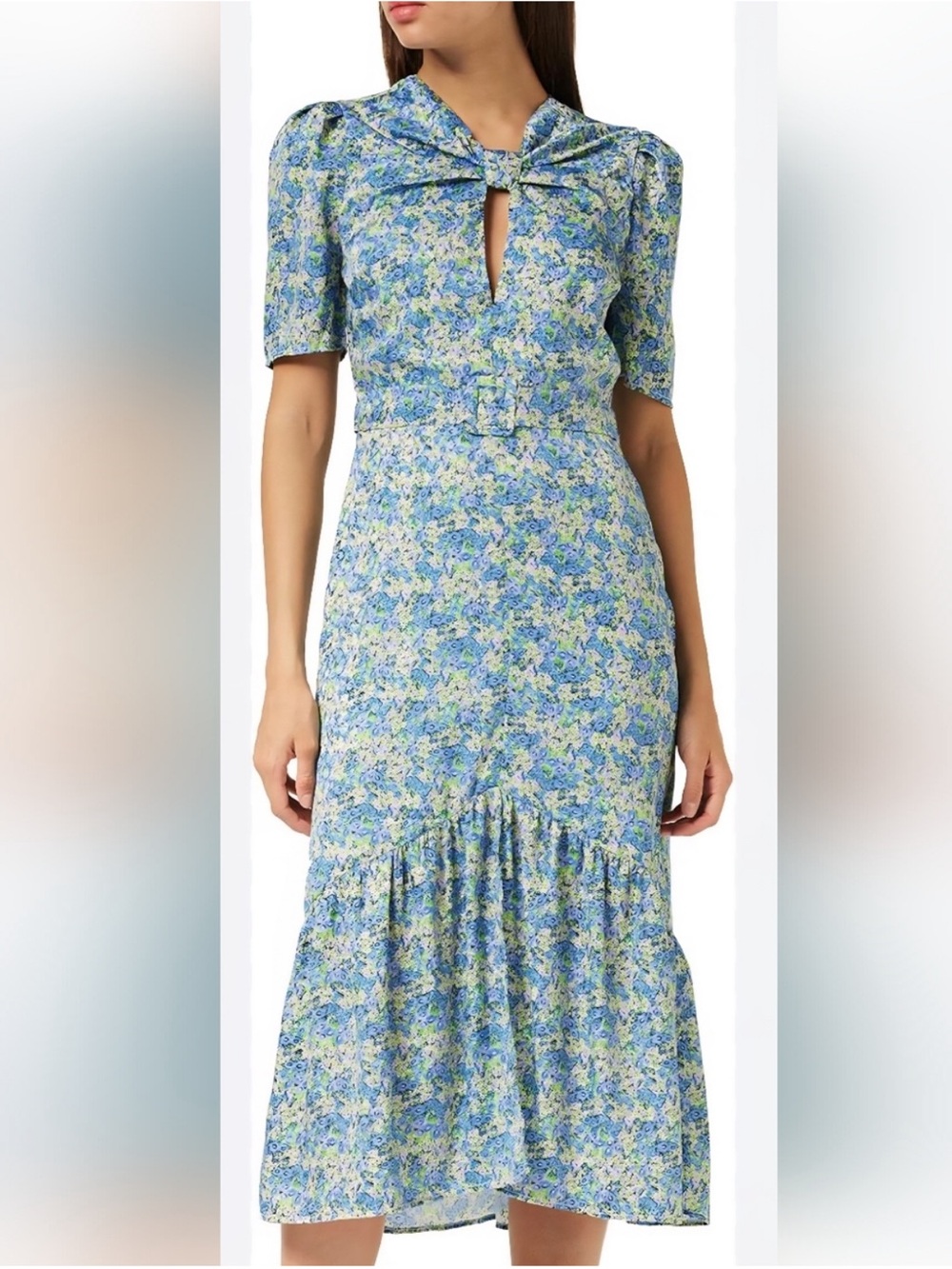 Floral Tie-Detail Midi Dress in Blue